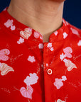 Men's Mandarin-collared Shirt - Red Blossom Lily