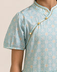 Giselle Cheongsam - Teal Plaid Tiles closeup