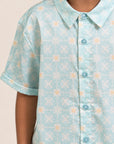 Little Man Shirt - Teal Plaid Tiles closeup