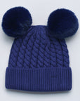 Blue knit beanie with double pom-poms