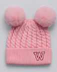 Pink knitted beanie with double pom-poms