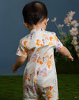 Mandarin-collared Romper - Pastel Tree Songbirds