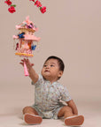 Mandarin-collared Polo Romper - Blue Fans