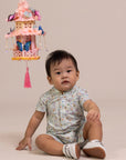Mandarin-collared Polo Romper - Blue Fans