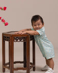 Mandarin-collared Romper - Teal Plaid Tiles