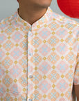 Men's Mandarin-collared Shirt - Cream Lucky Coins