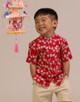 Mandarin-collared Shirt - Red Fans