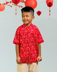 Mandarin-collared Polo Tee - Red Floral Bamboo