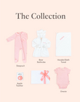 Sweet Dreams Baby Gift Set flatlay featuring personalised towel, bathrobe, bamboo outfits and teether