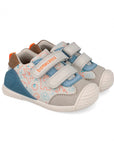 Children's shoe with blue and gray design on a white background