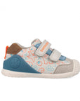 Children's shoe with blue and gray design on a white background