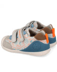 Children's shoe with blue and gray design on a white background