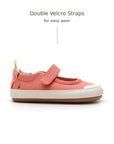 Side view of Tip Toey Joey Gaia Green Mary Janes in Lona Salmao with double velcro straps
