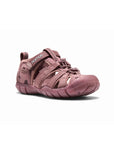 Three-quarter front view of the sandal showing the protective closed-toe box and hook-and-loop strap closure.