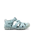 Side profile of the Ice Blue KEEN Seacamp II CNX little kids' sandal, showing the low-profile flexible sole and light blue waterproof webbing.