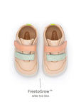Top view of Tip Toey Joey Landy Sneakers in Papaya Cream / Mint / Flamingo showing the wide FreetoGrow toe box