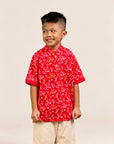 Mandarin-collared Polo Tee - Red Floral Bamboo