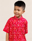 Mandarin-collared Polo Tee - Red Floral Bamboo