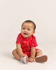 Mandarin-collared Polo Romper - Red Floral Bamboo