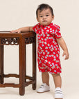 Mandarin-collared Romper - Red Fans