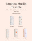 free personalisation bamboo muslin swaddles in beary best, floral bunny, hot dogs, neighbourhood friends, rainy day options