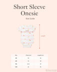 Short sleeve onesie size guide with measurements background