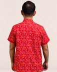 Men's Mandarin-collared Polo Tee - Red Floral Bamboo