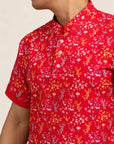 Men's Mandarin-collared Polo Tee - Red Floral Bamboo