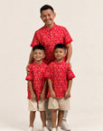 Men's Mandarin-collared Polo Tee - Red Floral Bamboo