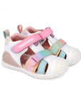Pair of children's sandals with colorful straps on a white background