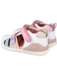Pair of children's sandals with pink and white straps on a white background