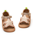Sole and detail view of Tip Toey Joey Starfish Sandals in Metallic Salmon / Rosa Seco / Golden Sugar