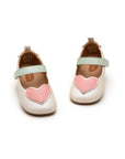 Pair of antique white Mary Janes with mint green straps and pink hearts, showcasing the lightweight, flexible construction.