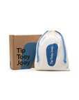 Metallic salmon kids Marie shoes displayed with the Tip Toey Joey gift box and blue drawstring cotton bag.