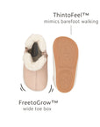 Top and bottom view of candy dream baby boots highlighting the wide toe box and barefoot sole.