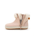 Close-up of the easy-entry side zipper and plush faux fur collar on the candy dream baby boot.