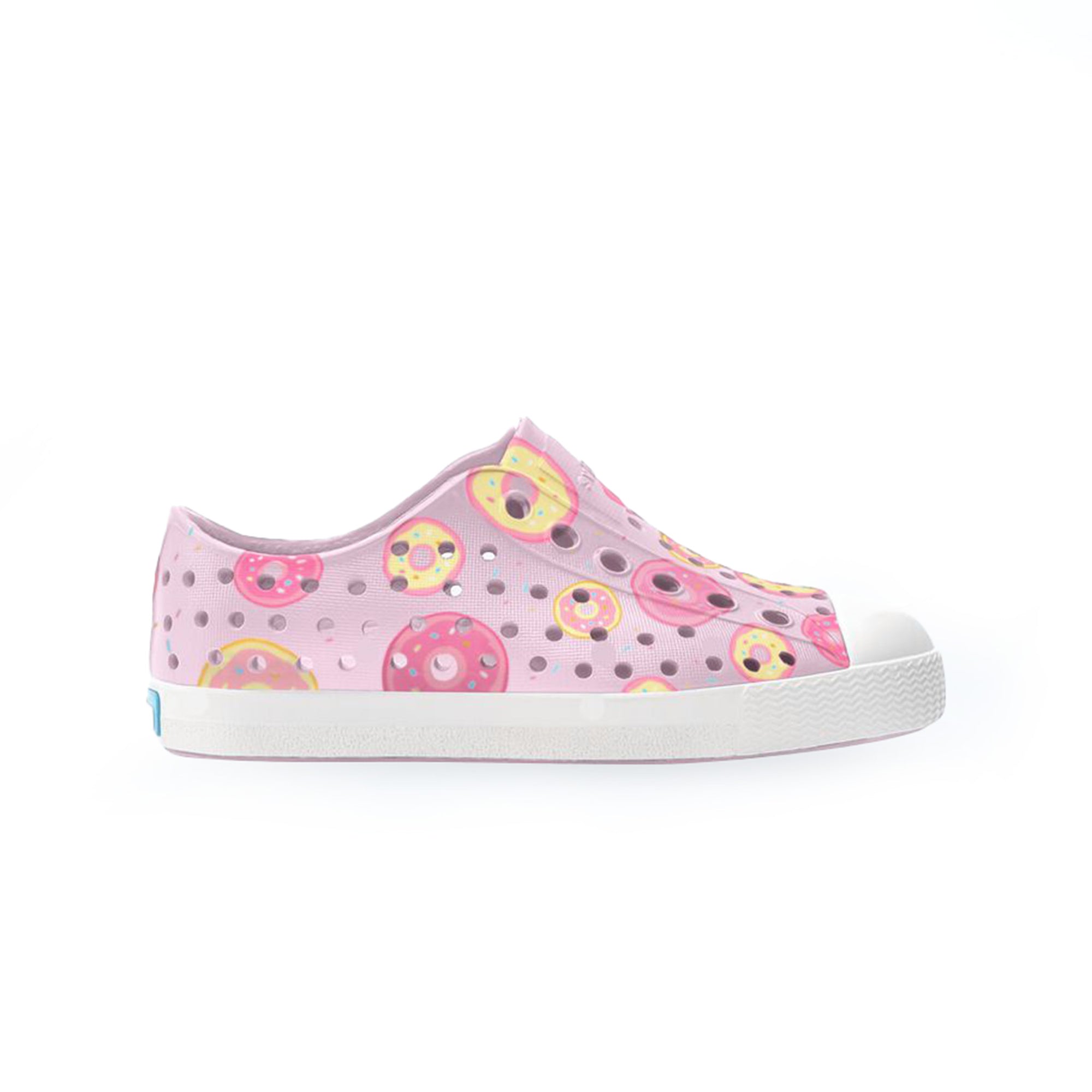 Native Shoes Jefferson kids sneaker in Barely Pink and Shell White with pink donut print