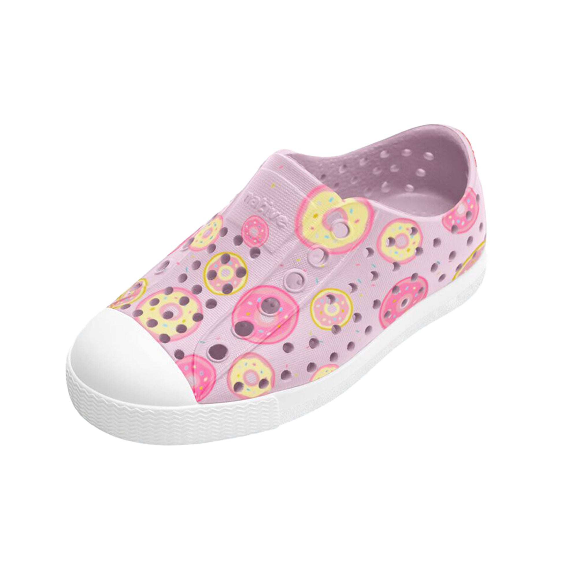 Native Shoes Jefferson kids sneaker in Barely Pink and Shell White with pink donut print