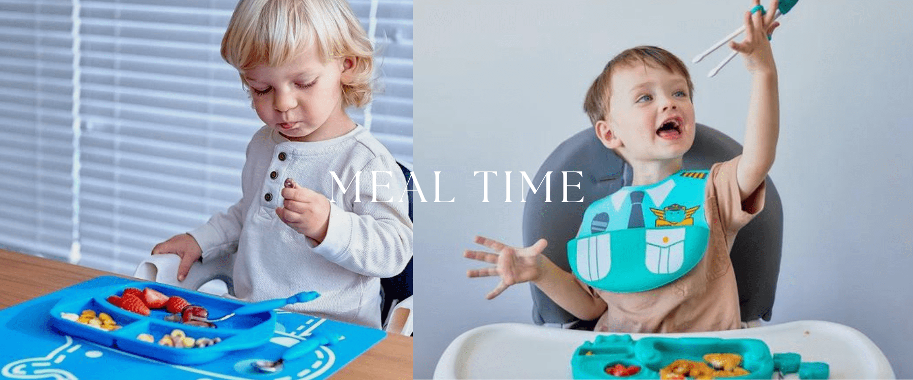 Mealtime with toddlers, featuring plates and bibs.