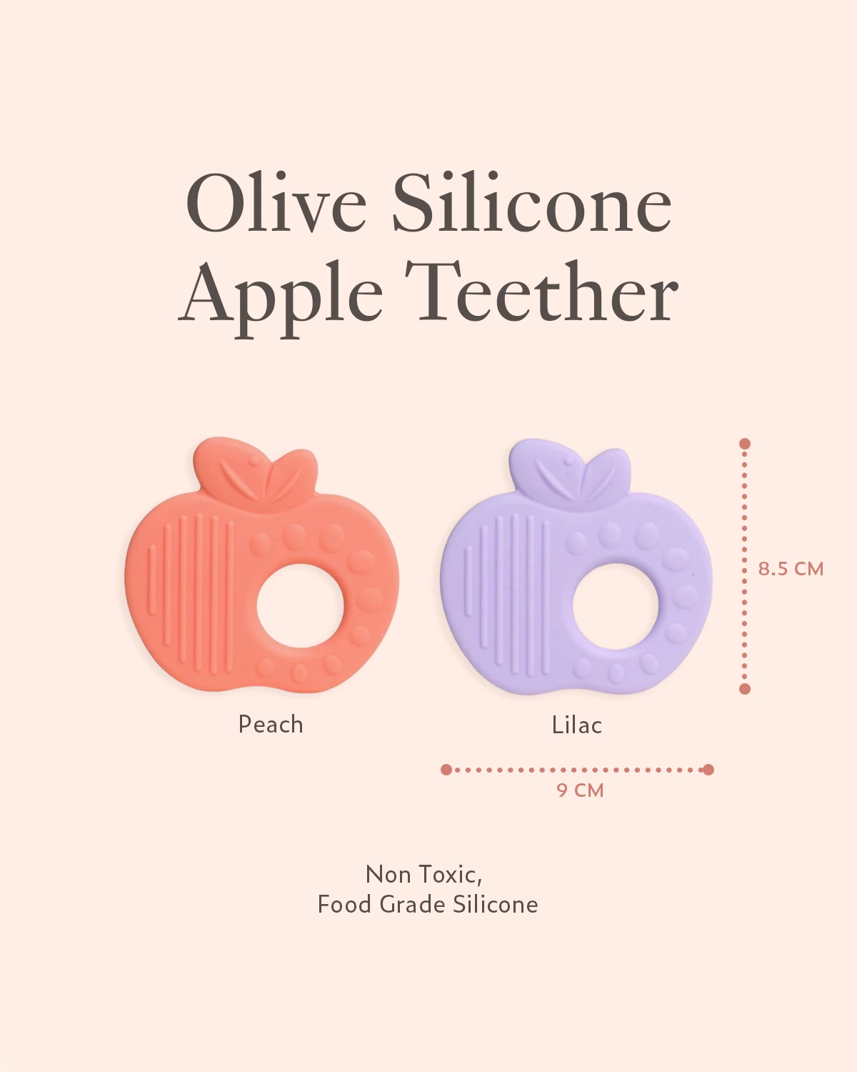 Silicone apple baby teethers in Peach and Lilac colours from Sweet Dreams Baby Gift Set