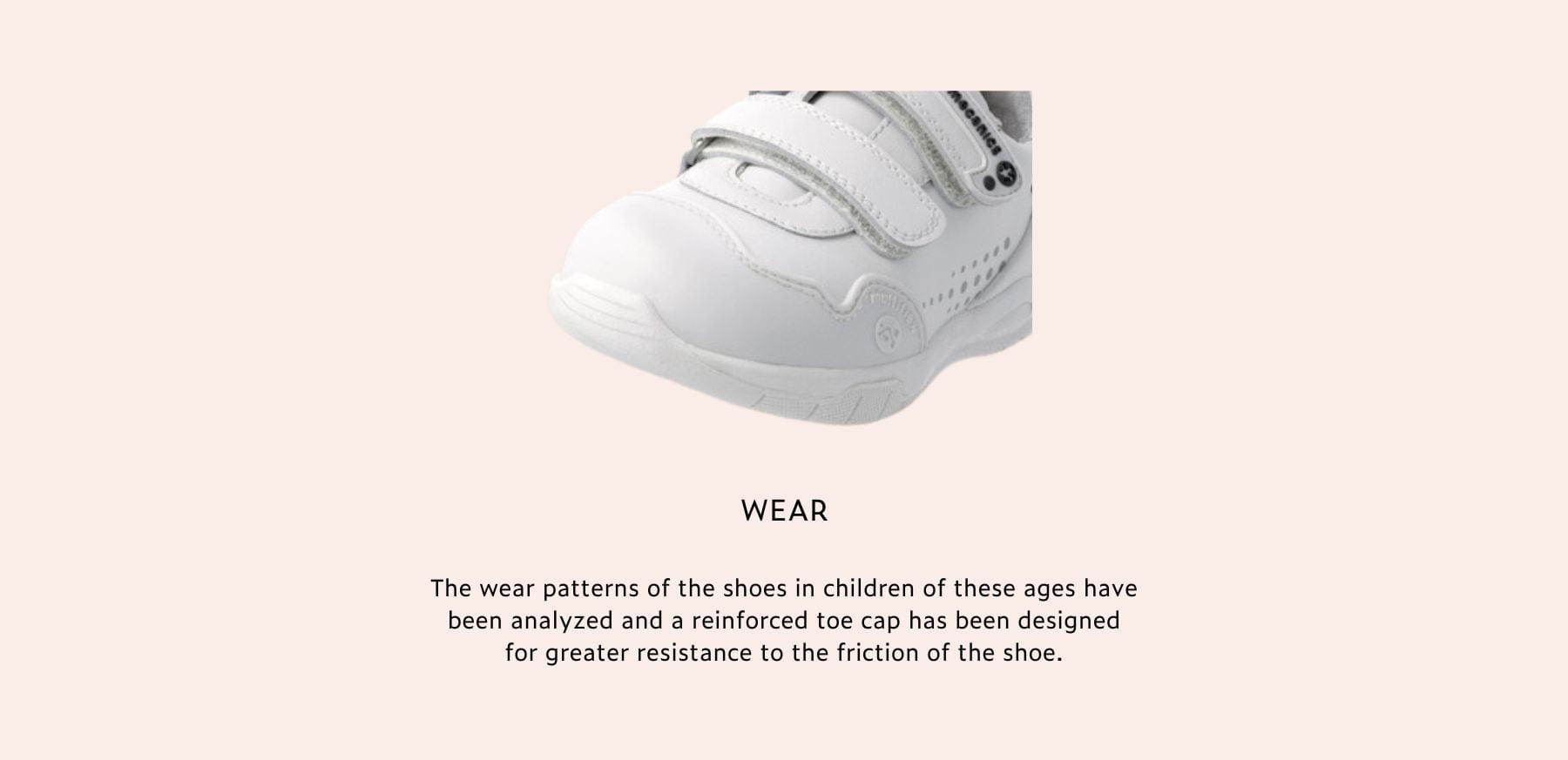 White children's shoe with reinforced toe cap, wear resistance.