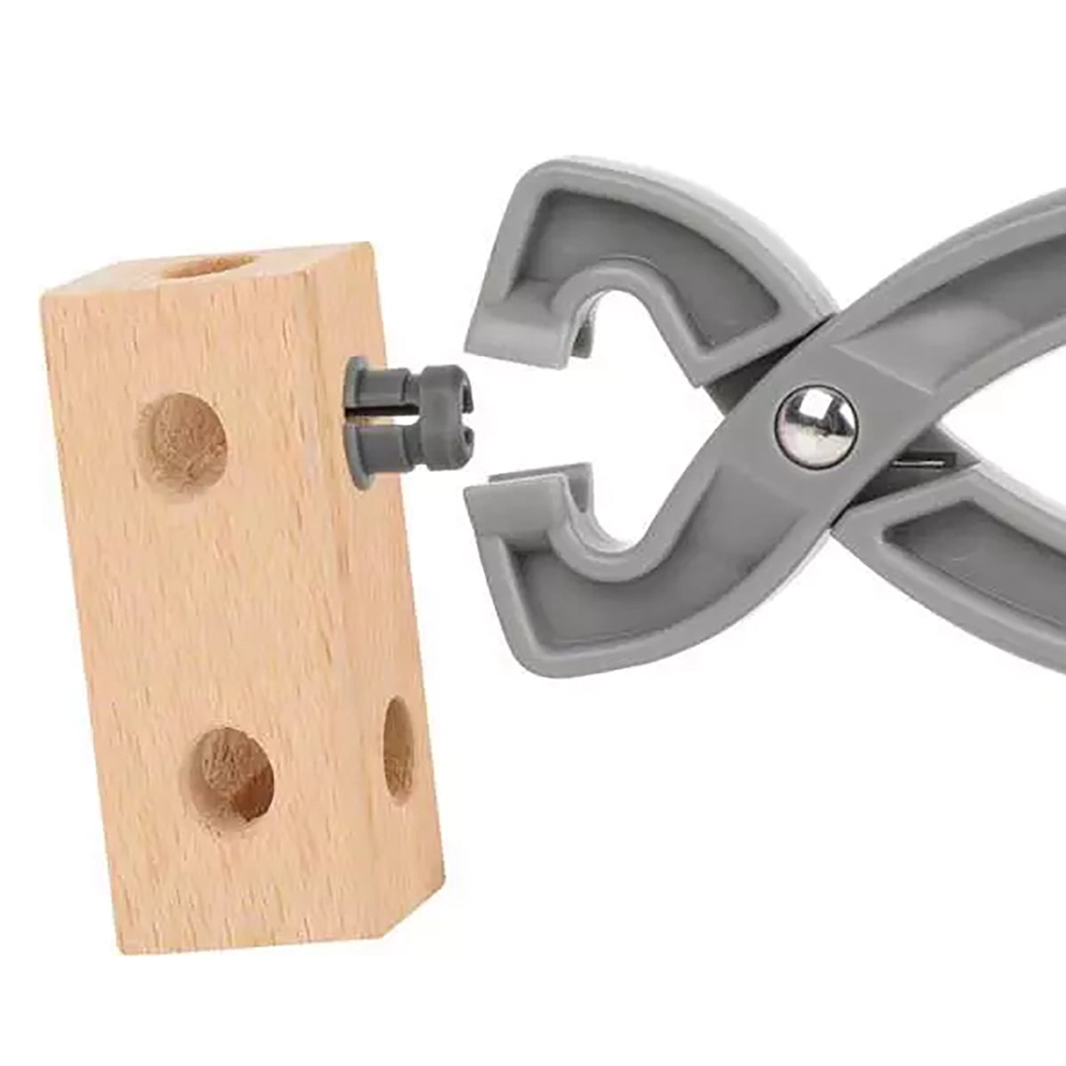 A gray plastic snap hook clip with a silver screw fastener, shown holding a small light wood block with circular holes, on a plain white background.