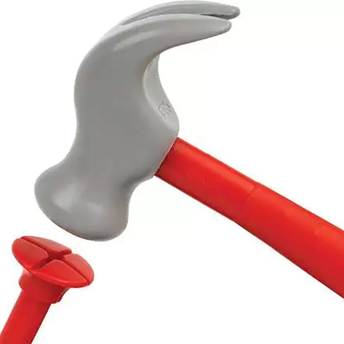 A close-up of a red-handled claw hammer with a gray metal claw head, shown alongside a red nail or nail head on a plain white background.