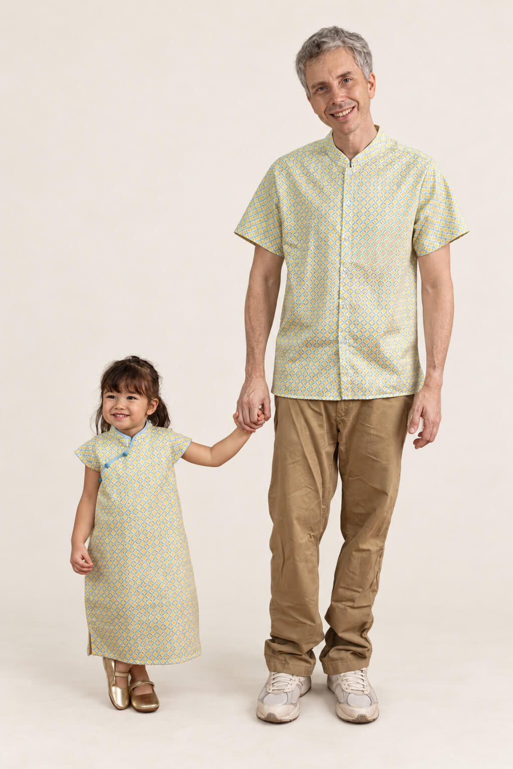 Cheongsam - Yellow Blue Mosaic with father
