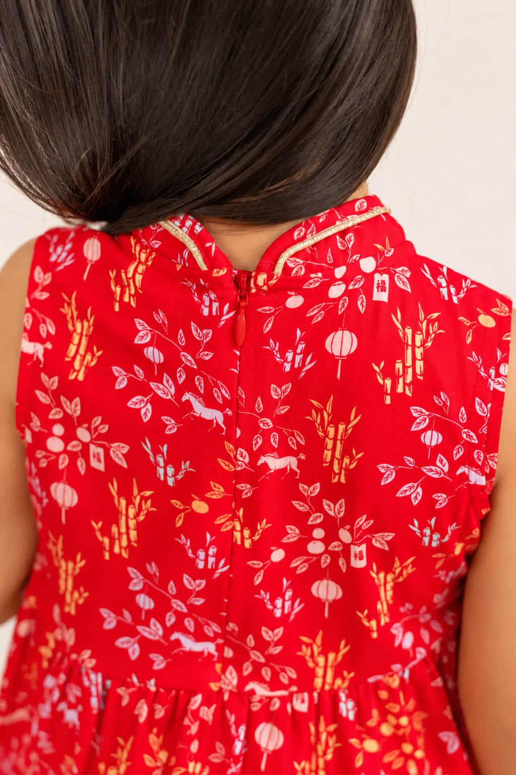 Jersey Flare Cheongsam - Red Floral Bamboo