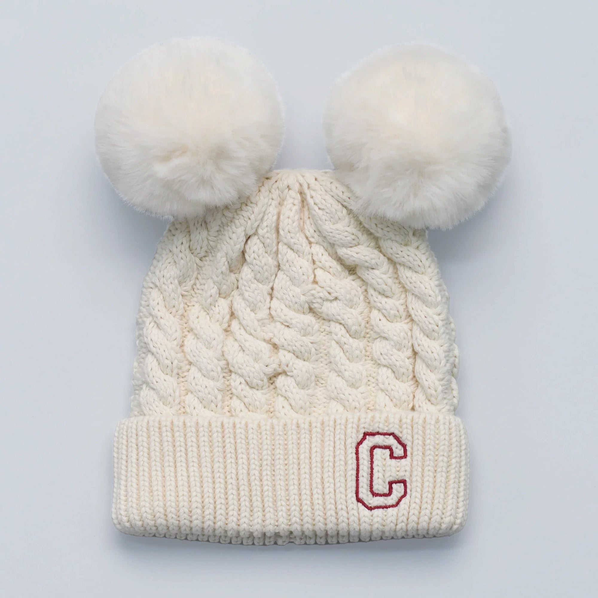 White knit beanie with double poms