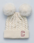 White knit beanie with double poms