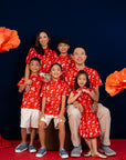 Family portrait in red floral shirts