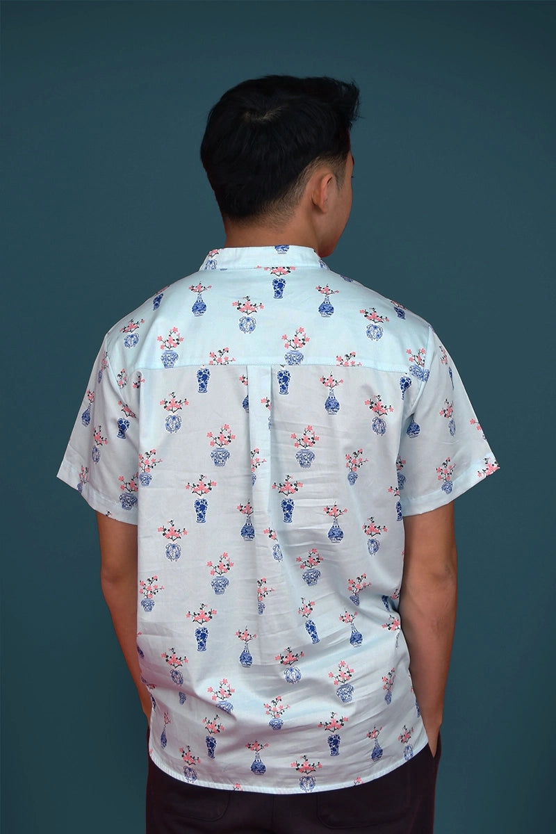 Men's Mandarin-collared Shirt - Turquoise Vases