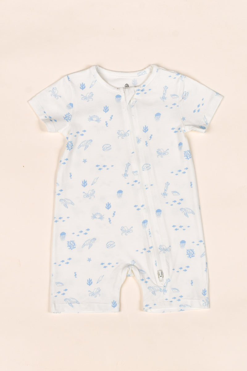 Short-Sleeve Zip Romper - Blue Sea Creatures | The Elly Store